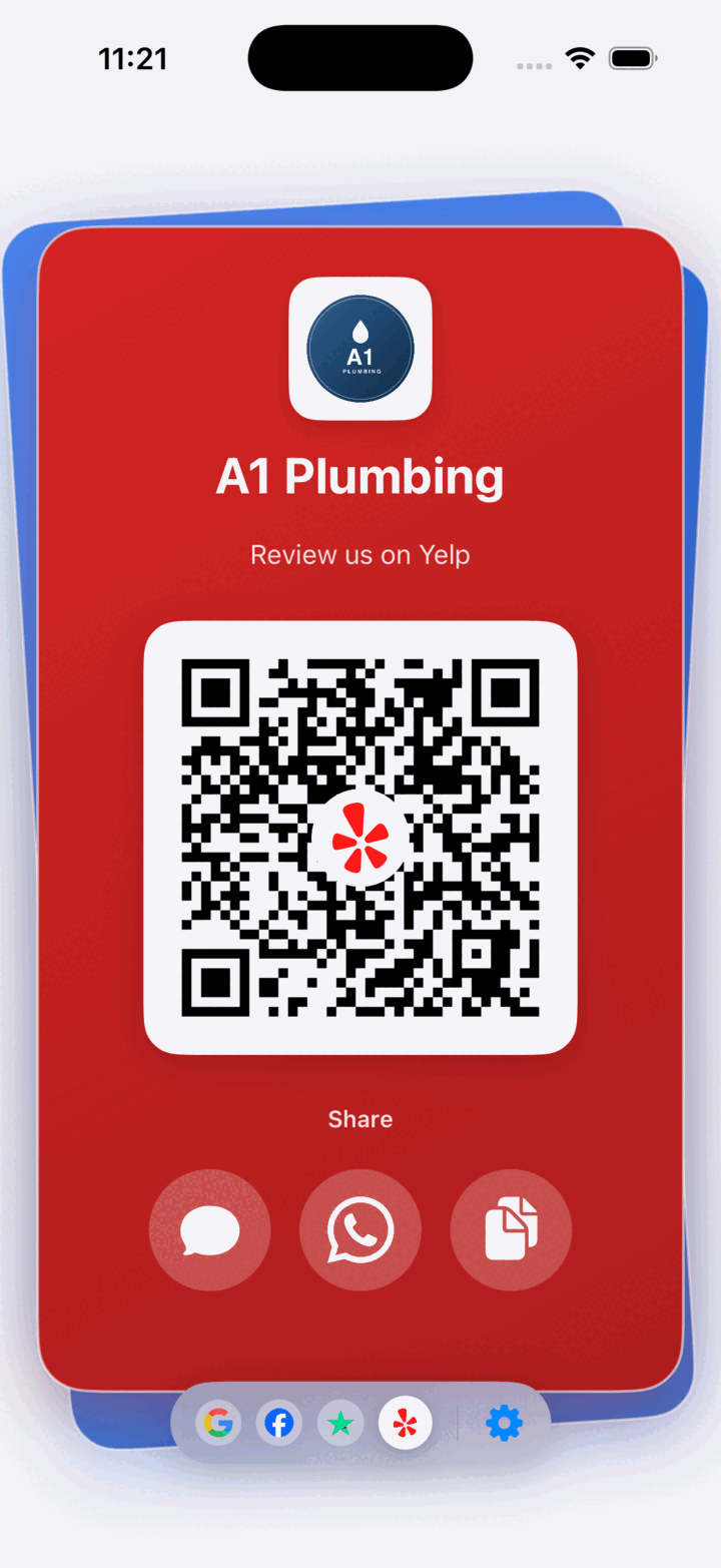 Review Card showing a branded Yelp review card with share buttons for text, WhatsApp, and copy link, plus a platform switcher for Google, Facebook, Trustpilot, and Yelp