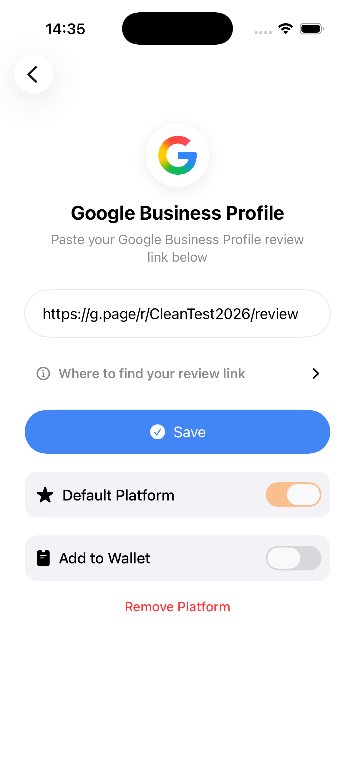 Review Card settings page with an Add to Wallet toggle